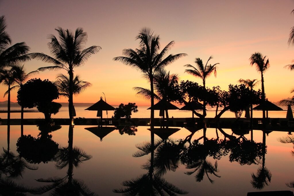 bali, hd wallpaper, beautiful nature, palm trees, sunset, nature, nature background, travel, indonesia, swimming pool, vacations, beach, 4k wallpaper, nature wallpaper, destination